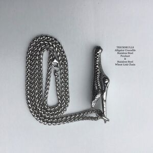 Alligator Crocodile Lizard Clip Style Stainless Pendant & 60cm Wheat Link Chain